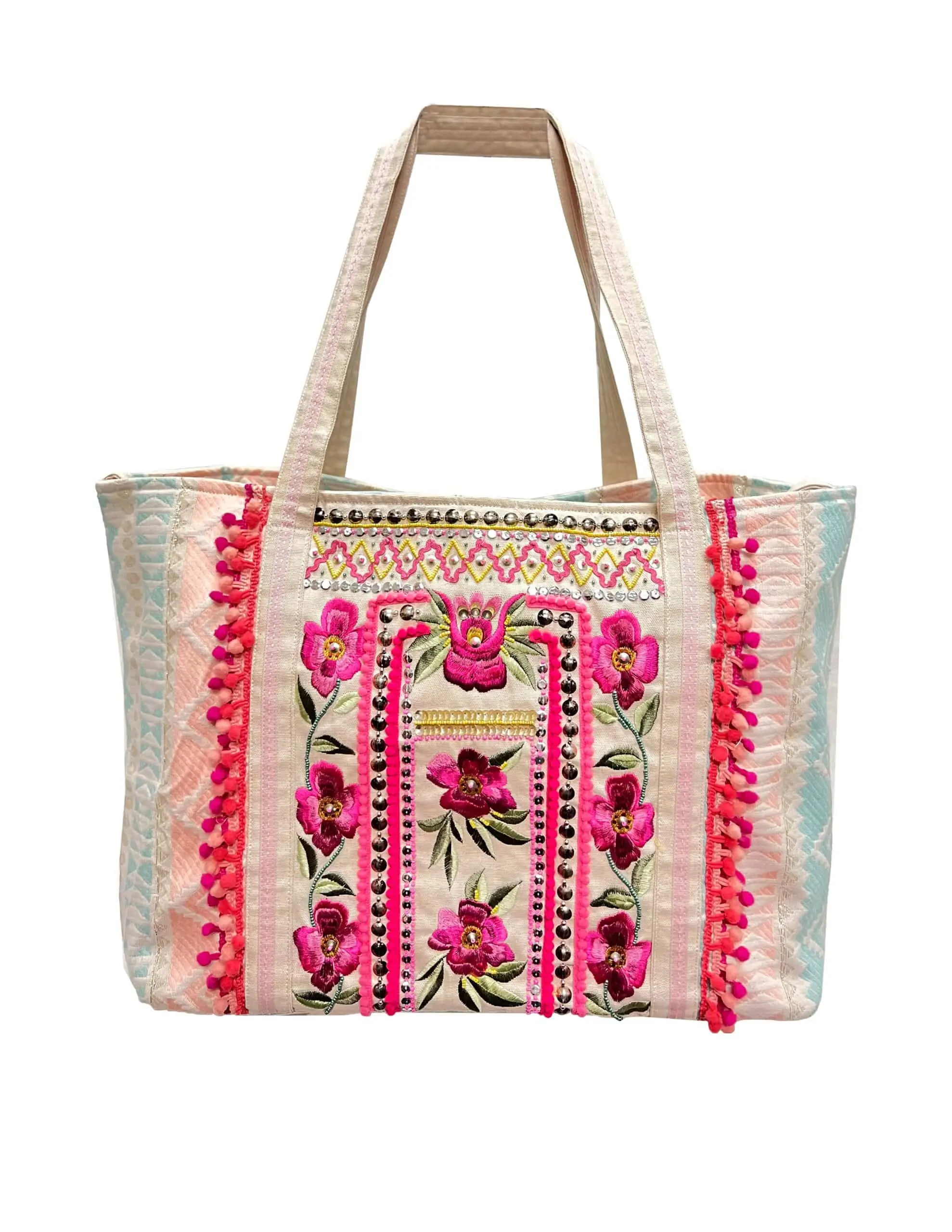 Elegant Floral Beaded Tote Bag – Pink Flowers and Green Foliage