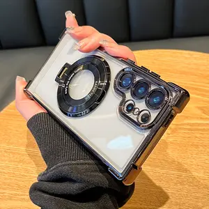 Electro -plated transparent magnetic stent mobile phone case quadrilateral airbags with lens protective film suitable for Samsung S25/S24/S23/S22 ultra accessories anti -throwing cover