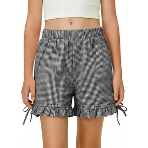 Girls Plaid Shorts Kids Gingham Ruffle Hem Elastic Waist Wide Leg Cotton Shorts with Pockets 5-14 Y