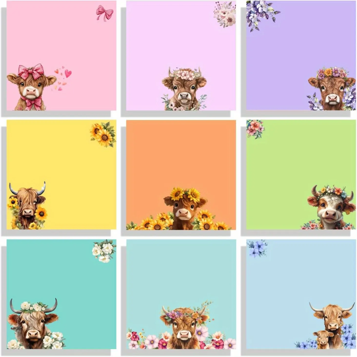 9pcs Highland Cow Cute Adhesive Sticky Paper Set, Flower and Cow Design, Super Adhesive Paper, Office Classroom Home Use, Perfect Gift, Diy Sticker Paper, Diy Decorative Stickers, Fun Stickers, Crafts