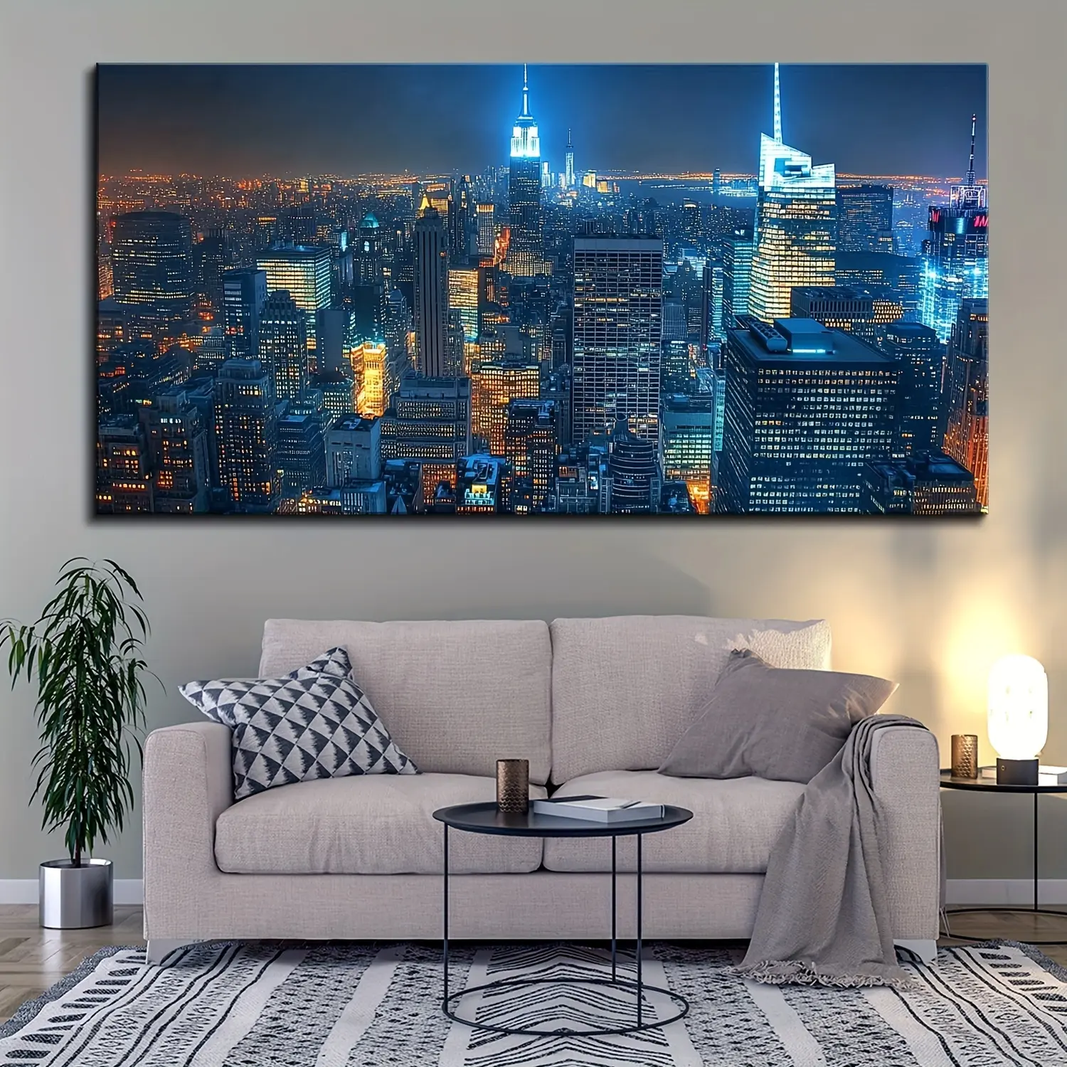 Artistic Solid Wood Frame New York City Night View Print - Manhattan Skyline Oil Painting Canvas Poster, Art Wall Decoration for Home Office Gift