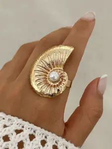 Gold Shell Statement Ring - Pearl Accent Bold Beachy Jewelry for Summer open adjustable ring
