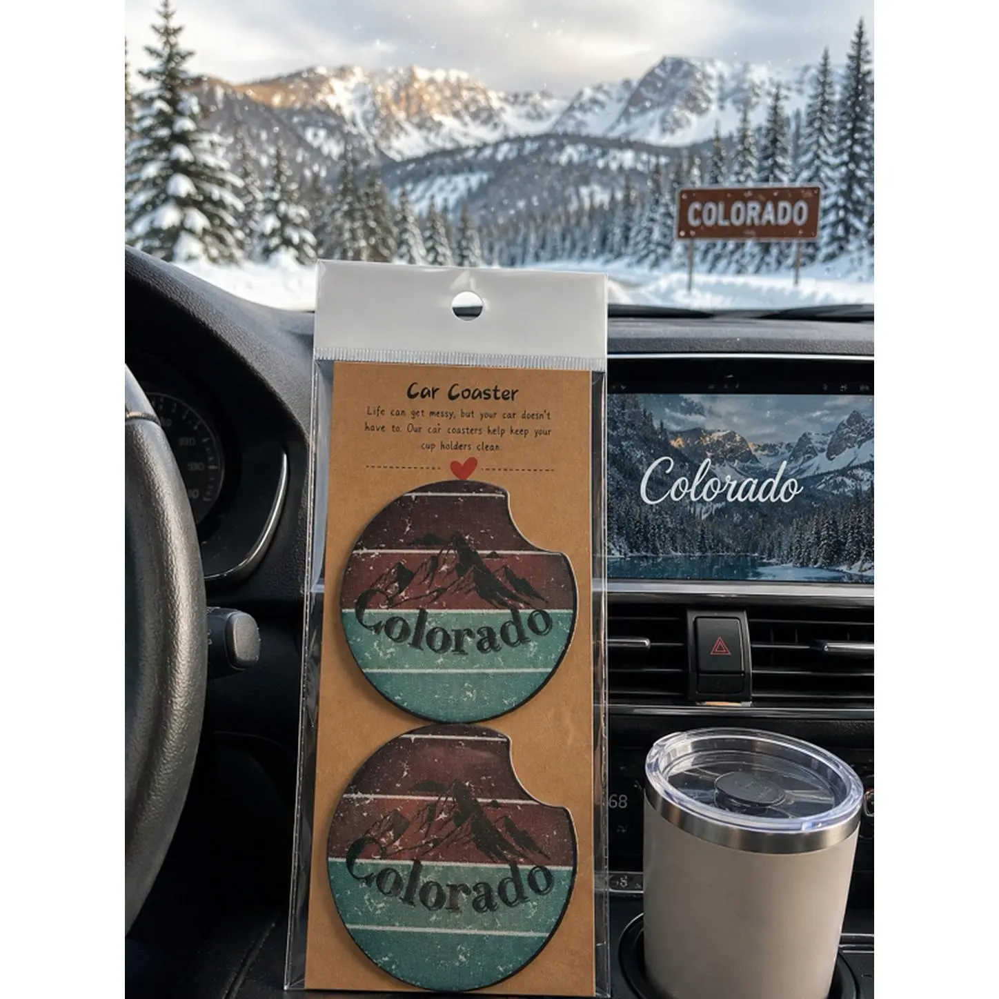 Colorado Sublimation Car Coasters - Mountain Design, Perfect for Car Accessories, Ideal for Colorado Enthusiasts
