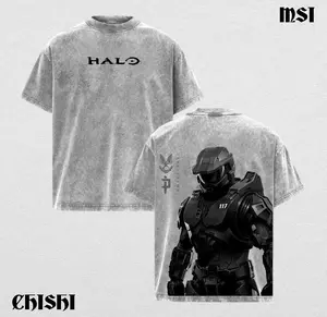 Halo Double Printed Oversize Lightweight Acid Washed Tee | Master Chief Vintage Gaming Graphic T-Shirt for Men | Casual Retro Streetwear Cotton Top Heavyweight Gamer Apparel Gift v1