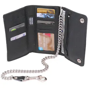 Jamin Leather® Black Extra Long 16 Compartment Tri-fold Chain Wallet #WC3390K - Men's Leather Wallet with Removable Chrome Chain & 12 Card Slots