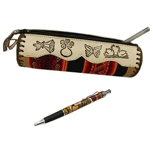 New Peru Cusco Women Textile Fabric Embossed Leather Boho Pencil Case Makeup Bag