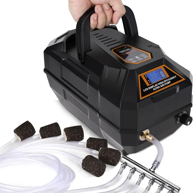 hygger 10w/18w Battery-Powered Aquarium Pump - Quiet Output Commercial Model with LCD %/V Status, Long Runtime, Hose, Air Stone, Check Valve Incl., Handle Grip, Adjustable Flow Diverter Valve for Yacht, Rectangular Tanks