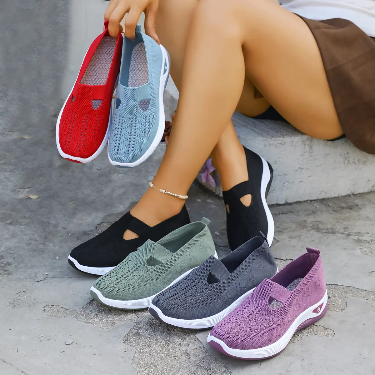 Women's Walking Shoes, Lightweight Slip-On Mesh Athletic Sneakers with Orthopedic Support and Decorative Buckle