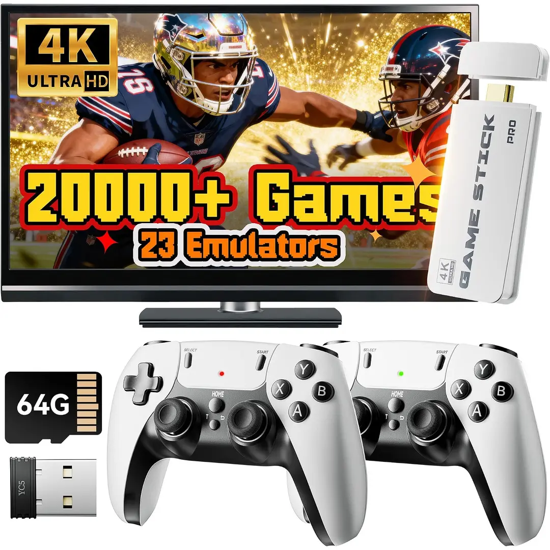 2026 New Retro Gaming Console & 4K HDMI Game Stick Pro - 20000+ Retro Games, 3D Emulator with 23 Emulators, Plug & Play, Dual Wireless Controllers, Compatible with TV, PC, Projector, 64GB - White