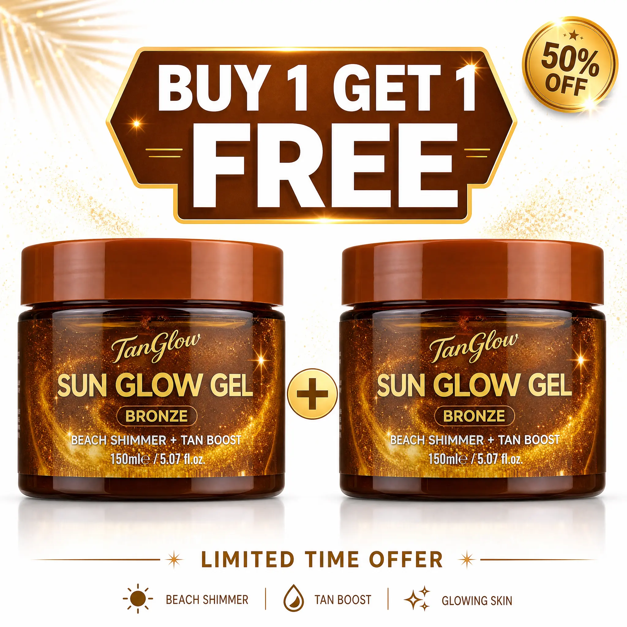 [Buy1 Get1] TanGlow Sun Glow Shimmer Tanning Gel (5.07oz*2) - Smooth Body Care Tanning Product, Lightweight for All Skin Types, Bronze Finish, Ideal for Beach Days, Vacations