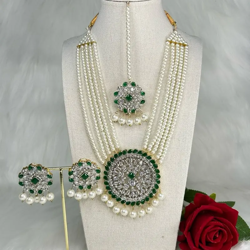 Desi Pearls Necklace With Studs Earrings & Tikka Set - Elegant Design for Women