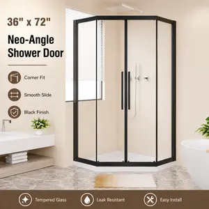 36" x 72" Neo-Angle Sliding Shower Enclosure, Diamond Corner Shower Door with 1/4" Clear Tempered Glass, Double Rollers, Stainless Steel Handles, Black Finish