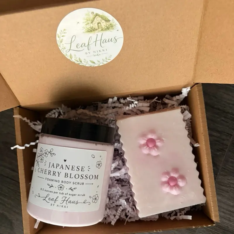 Handcrafted Japanese Cherry Blossom Soap & Foaming Sugar Scrub Gift Set, Hydrating Moisturizing Body Care Cleanser with Pleasant Scent, Self Care Floral Bath Set