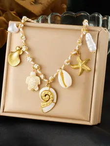 1Pcs Stainless Steel Vacation Style Ocean Conchs Shell Pearl Pendant Necklace Women's Neck Chain Waterproof Jewelry Gift