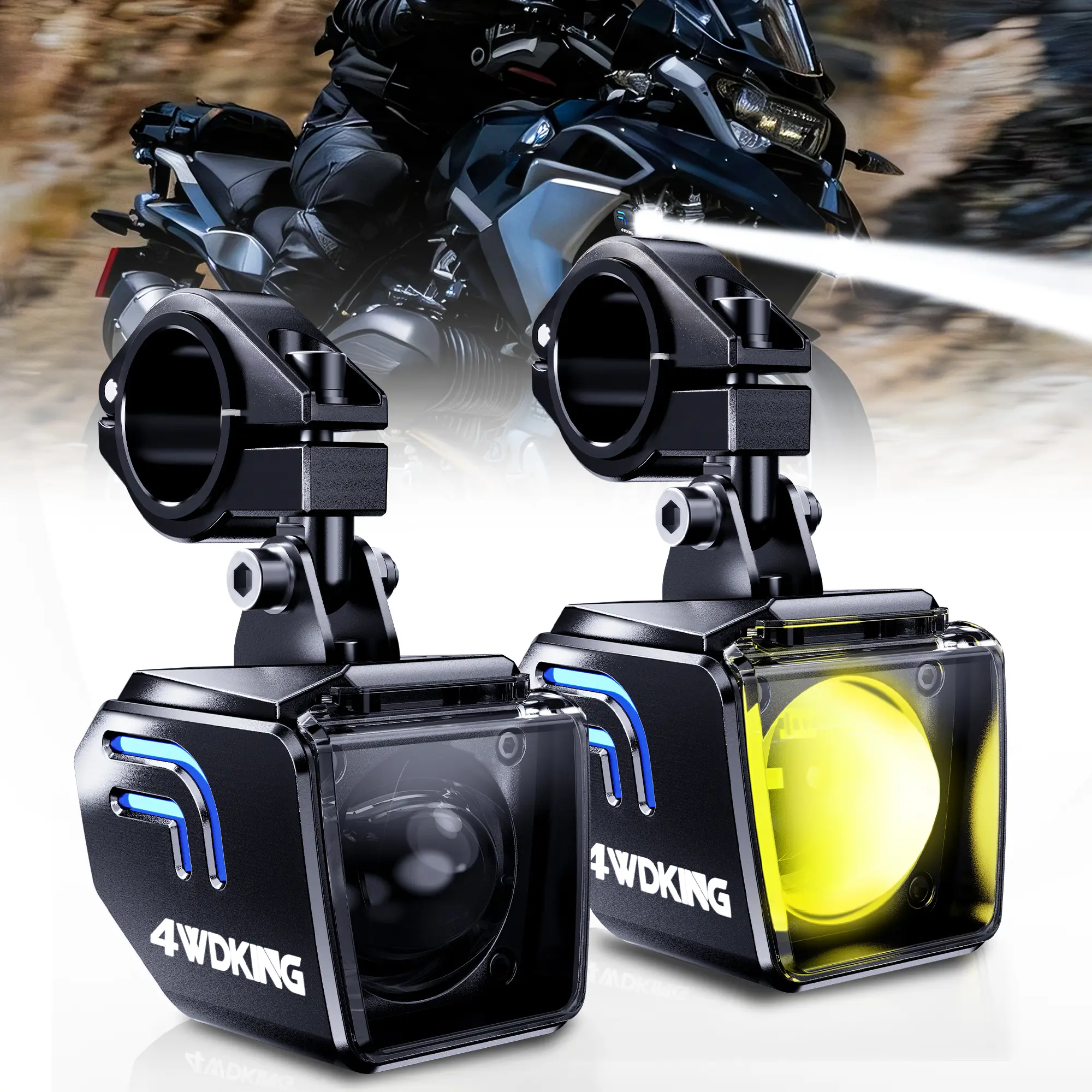4WDKING 2-in Aluminum Motorcycle LED Work Lights - Dual-Color Pods with Blue Backlight, 10000 Lumens Spot & Flood Beams, IP68 Waterproof, Adjustable, Ultra Compact, 3 Mounting Options for ATV, Towing (2-Pack)