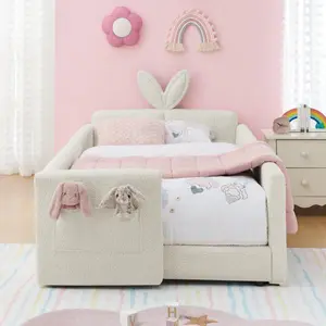 Bellemave Twin Size Upholstered Platform Bed with Cute Rabbit Ear Shaped Headboard, with Safety Rail and Pocket, Boucle Fabric