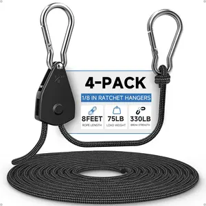 1/8" Rope Tie Downs Ratchet: 4 Pack of Grow Light Hangers Adjustable - Mini Ratchet Straps for Various Hanging and Strapping