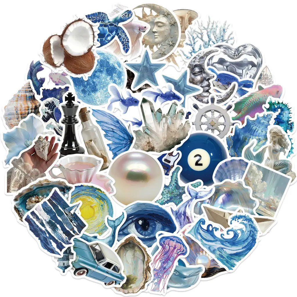50PCS Silver Blue Marine Creatures Waterproof Graffiti Stickers Sticker Packs Graphic Decal for Bicycle Hand Account Pencil Case Decals LanLanStickersWorld