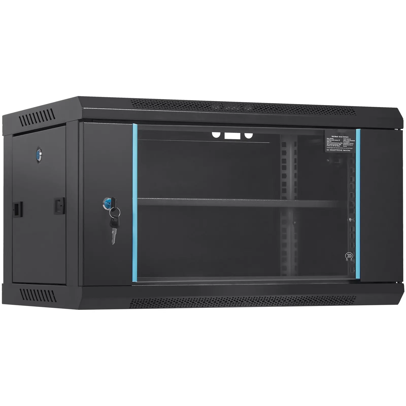6U Wall-Mount Network Server Cabinet, 15.5-Inch Deep Server Rack Enclosure with Locking Glass Door, Side Panels, 200-Pound Maximum Load Capacity, Ground-Mounted Design, Suitable for IT Equipment and A/V Devices