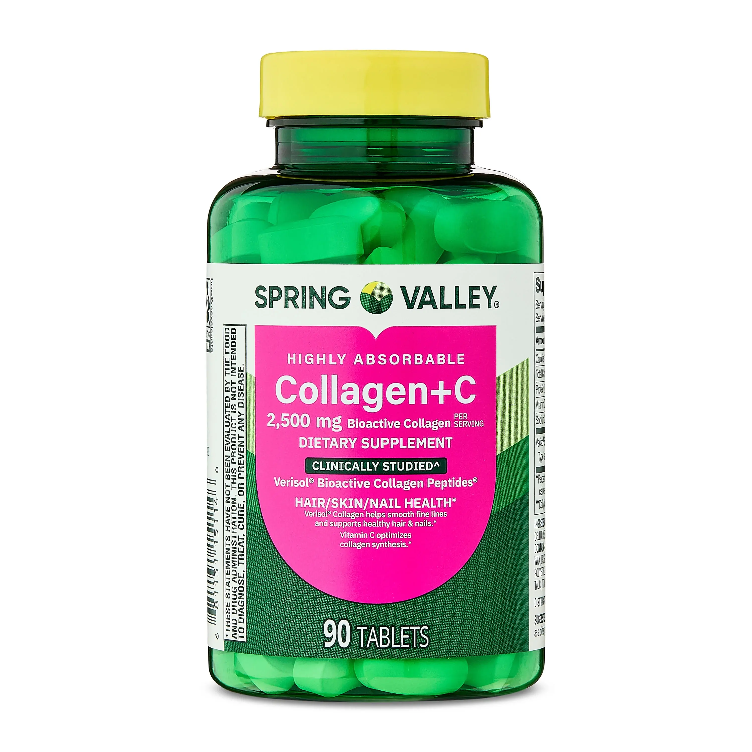 Spring Valley Highly Absorbable Collagen + C Tablets 2500 mg 90 Count for Hair Skin & Nail Health Edible Supplement