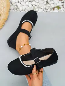 Women's Pearl Strap Mary Jane Flat Shoes, Soft Sole Round Toe, Fashionable Versatile Commuter Shoes, One-Strap Buckle Design