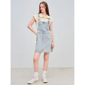 Cider [size 0-10] Denim Square Neck Solid Pocket Buckle Up Mini Dress