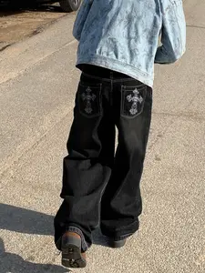 Men's Y2K Casual Loose Denim Jeans, Skull Embroidery Design, Street Style, Heavy Metal Fashion, Comfortable Daily Wear, Hip Hop Rock Jeans, Streetwear