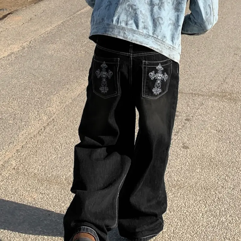 Men's Y2K Casual Loose Denim Jeans, Skull Embroidery Pocket Design, Street Style, Heavy Metal Fashion, Comfortable Daily Wear, Hip Hop Rock Jeans, High Street Streetwear, Street Casual Fit