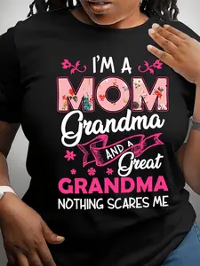 Casual Cotton T-Shirt With Round Neck Short Sleeves and Letter Graphic Reading I Am a Mom Grandma and Great Grandma Ready for Any Season with Local Delivery