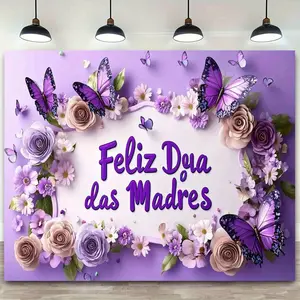 1PC Purple 2D Flat Butterfly-Flower Polyester Decorative Banner, Reusable "Feliz Dia das Madres" Backdrop Curtain for Mother's Day, Birthday Events & Cross-Border E-Commerce Photography Decor,summerwins