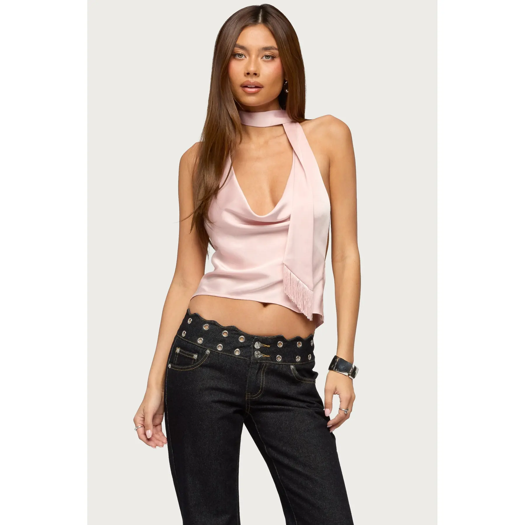Satin Effect Cowl Neck Scarf Top