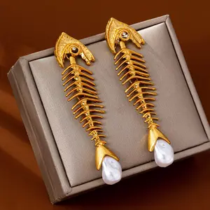 Fishbone Earrings for Women, New Stylish Unique Long Niche Design, Sweet Cool Creative Pearl Pendant Studs Costume Jewelry