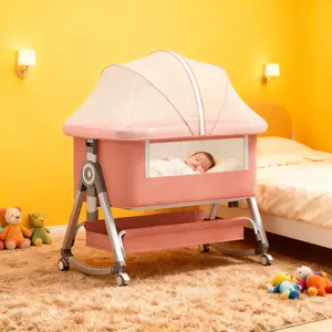 Virplik 4-in-1 Portable Baby Bassinet with Mosquito Net, Rocking Function, Storage Basket, Adjustable Height, Foldable Design, Wheels, Mattress, Crib for Newborns Bassinet with Mattress