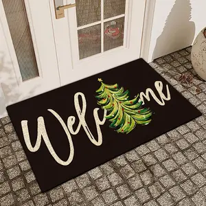 1Pc Black Christmas Tree Welcome Silica Mud Anti-Slip Water-Absorbing Door Mat For Indoor And Outdoor Use Kitchen  Dining Room Bathroom Bedroom And Holiday Home Decor