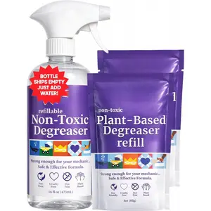 Heavy Duty Degreaser- Grease Remover & Grime Cleaner for Kitchen, Automotive & More, Household Cleaning Supplies, Fragrance-Free, Includes 16 oz Reusable Empty Bottle & 2 Refills (4 oz)