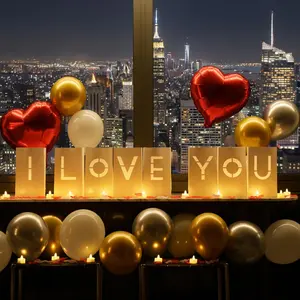 I Love You Light Up Letters Signs, Romantic Proposal Anniversary Valentines' Day Decorations with Luminary Paper Bags, 30 LED  Light Candles, Red Heart Balloons, Artificial Rose Petals