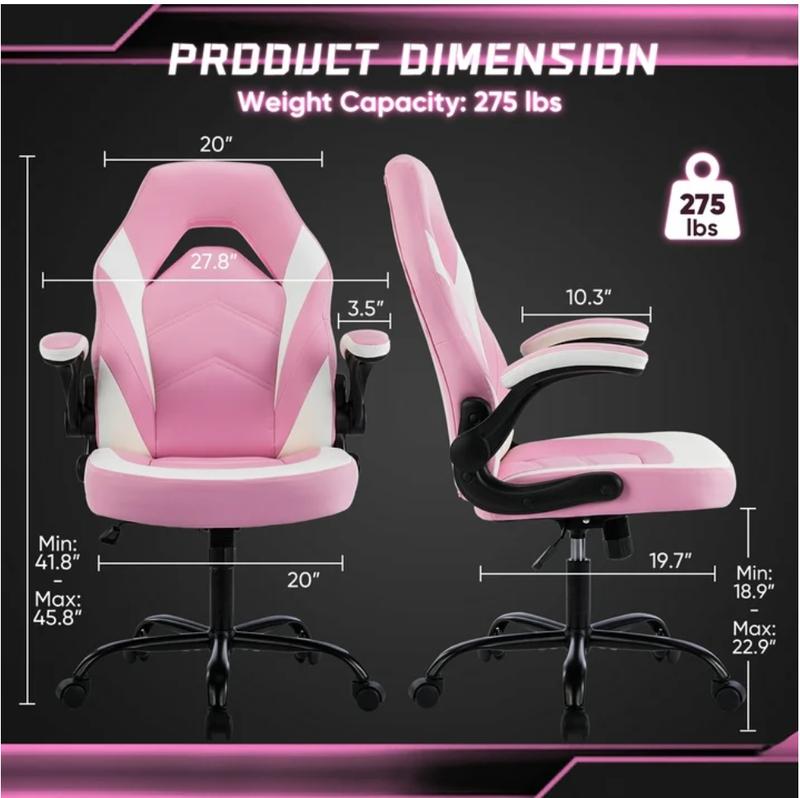 Ergonomic PU Leather Computer Gaming Chair, Adjustable Swivel Racing Chair with Flip-up Armrest, Pink White