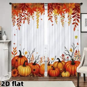 2D Flat 2Pcs Autumn Harvest Pumpkin Maple Leaf Print Curtains, Rod Pocket Design, Semi Sheer Polyester, Fall Theme Home Decor for Living Room Bedroom Kitchen Window Treatment, White Orange Farmhouse Style, Holiday Season