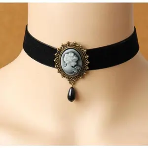 Elegant Black Velvet Choker Necklace with Cameo Pendant and Teardrop Charm for Women