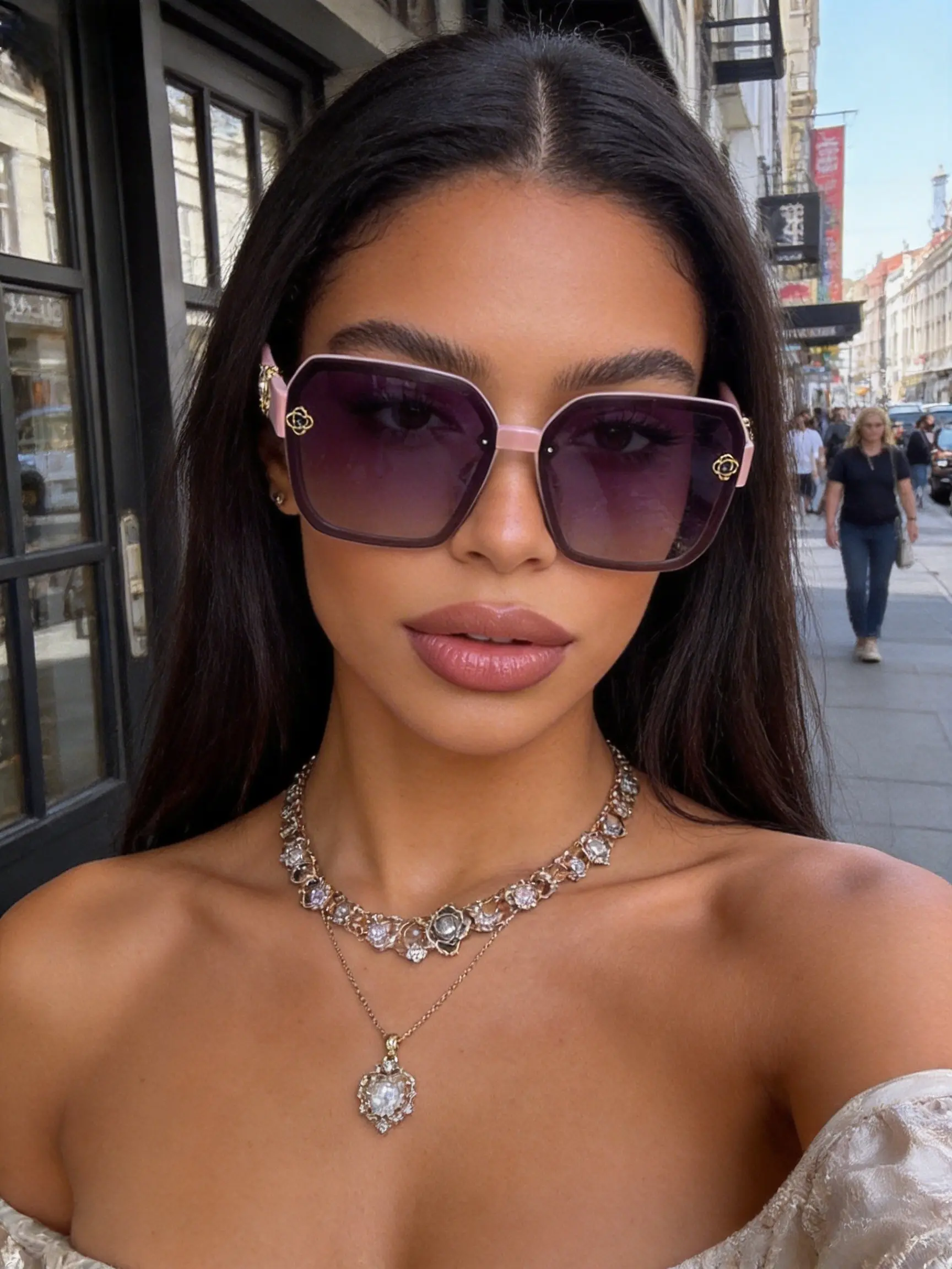 Women's Fashion Polarized Sunglasses with Gold Chain Detail, Street Style Classic Large Frame Retro Ladies Glasses, Oversized Sunnies, Trendy Vintage Sunglasses, Trendy Streetwear Sunglasses, Trendy Shades, Vintage Square Sunglasses