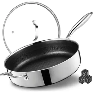 12 Inch Frying Pan Nonstick with Lid, 5.6QT Hybrid Ceramic Deep Saute Pan & Skillet, Tri-Ply Stainless Steel for Even Heat, PFOA/PFOS Free, Induction & Oven Safe
