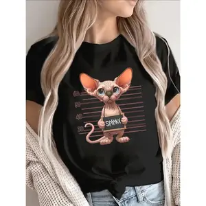 Lightweight And Durable Short-Sleeve T-Shirt Made Of, Showcasing a Sphynx Cat Print.Ideal for Casual Outings at Home Or in a Café, It Boasts a Vibrant Animal Design That Adds a Fun Touch, Making It Perfect for Daily Comfort And Style