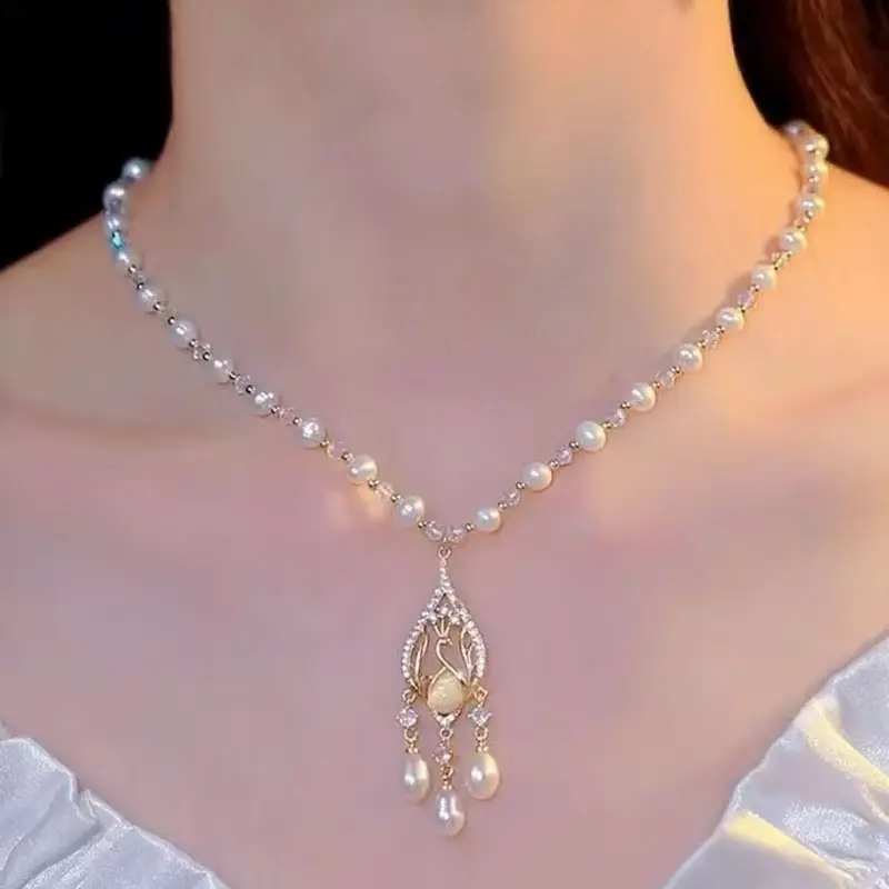 Elegant Peacock Pearl Chain Necklace for Women with Crystal Water Drop Pendant, Luxury Statement Collar Jewelry, Female