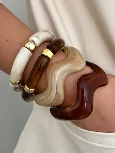 4-Piece Boho Style Jewelry Wave Shape Ccb Resin Bangle Set, Elastic Stretchy Bracelet for Women, Stackable Daily Wear, Perfect Gift, Summer Dainty Jewelry