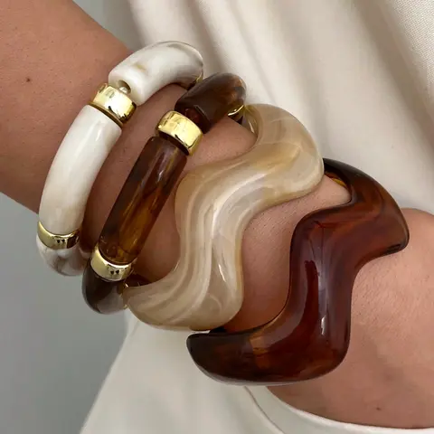 4-Piece Boho Style Summer Jewelry, Wave-Shaped CCB Resin Bracelets Bangles Set, Bracelets for Women, Stackable Bracelets for Daily Wear, Bracelets Stacking, Perfect Gift