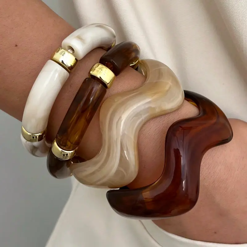 4-Piece Boho Style Summer Jewelry, Wave-Shaped CCB Resin Bracelets Bangles Set, Bracelets for Women, Stackable Bracelets for Daily Wear, Bracelets Stacking, Perfect Gift
