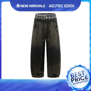 Aelfric Eden Double Waist Washed Baggy Sweatpants Loose Wide Leg Plaid Patchwork Casual Pants with Pockets