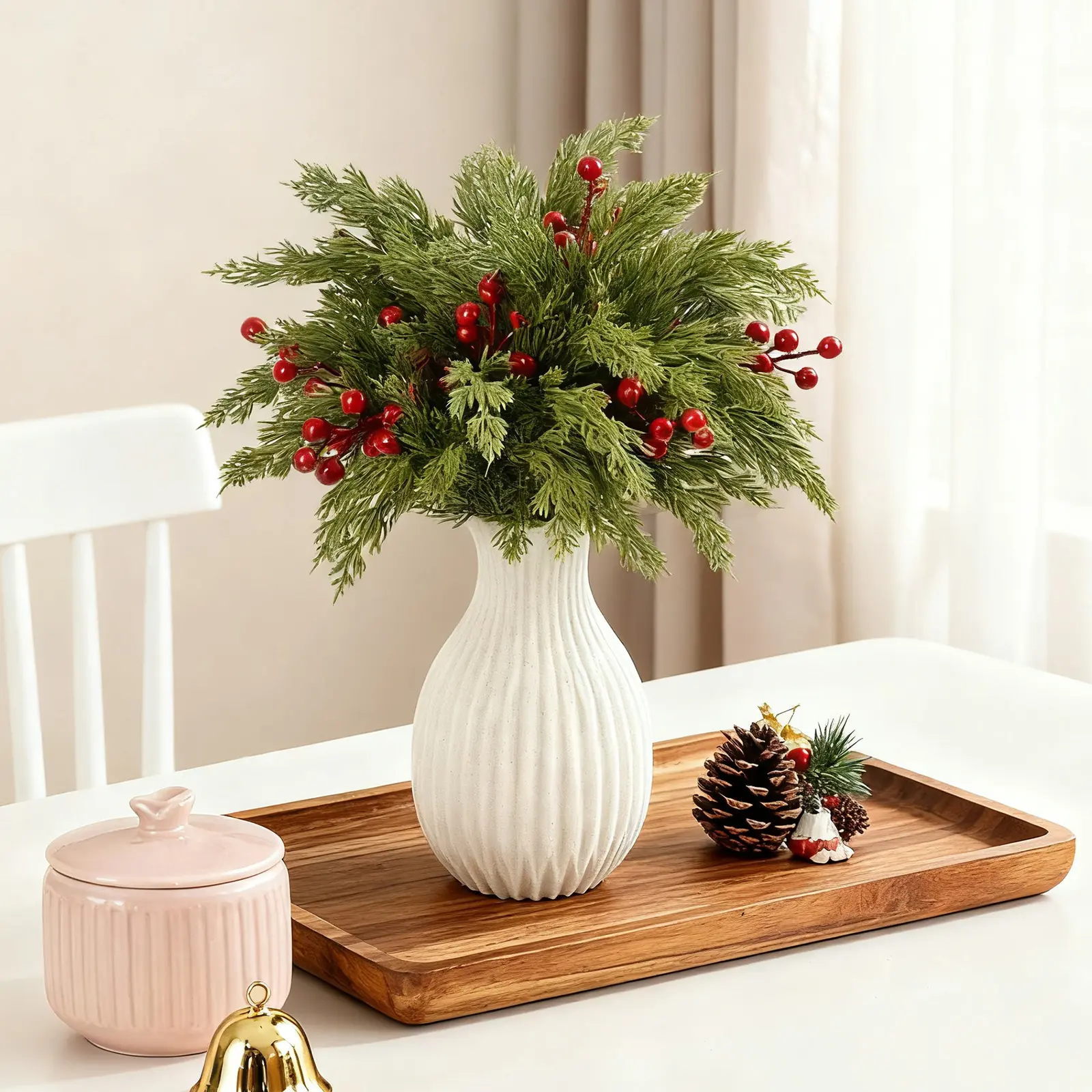 Artificial Pine Stem Plants with Red Fruit Ornaments - Decorative Fake Indoor Plants, Christmas Greenery Bouquet for Holiday Decor