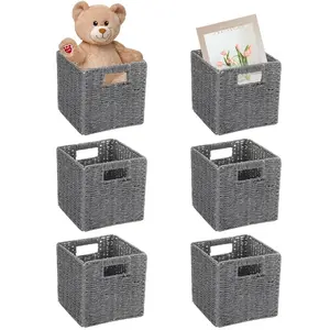 Wicker Baskets 6 Pack 8.7 Inch Wicker Baskets, Hand Woven Paper Rope Storage Baskets, Foldable Cube Storage Bins Organizer Square Wicker Cubes for Shelves Pantry Organizing & Decor (Gray)