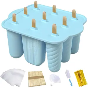 Silicone Popsicle Molds, Ice Pop Cream Mold, Popsicle Molds with Sticks, Ice Popsicle Maker-BPA Free with 50 Sticks, 50 Bags, 50 Tie Wraps, Brush and Funnel (Blue, 9 Cavities)